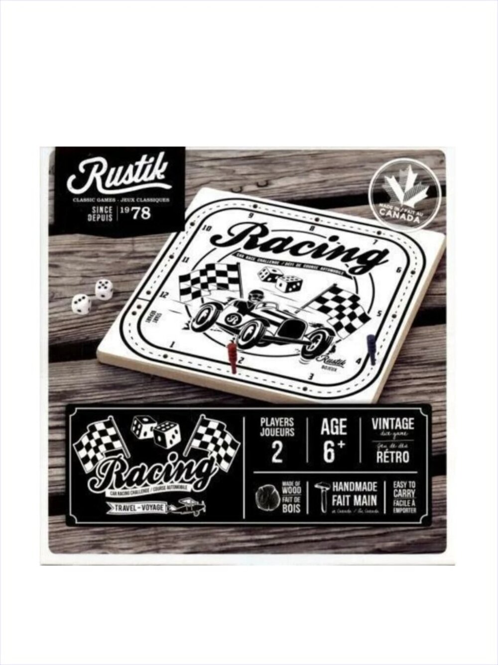 Made in Canada Rustik Classic Travel  Board Game - Racing Bilingual For Age 6+